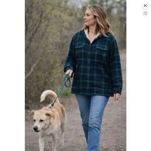 L.L. Bean 3X Women's Flannel Sherpa Lined Hood Jacket Blue Green Plaid Pockets